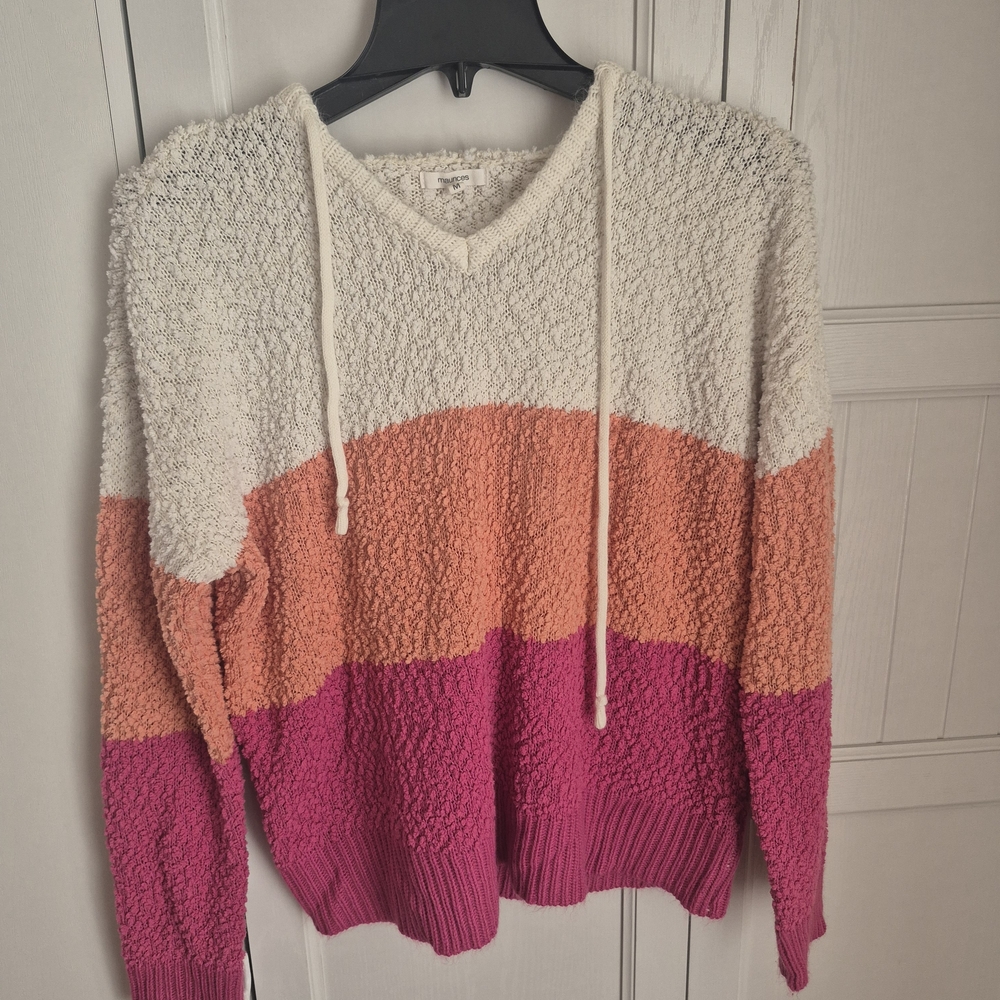 Maurices Cream, Coral & Magenta Colorblock V-Neck Hoodie Sweater